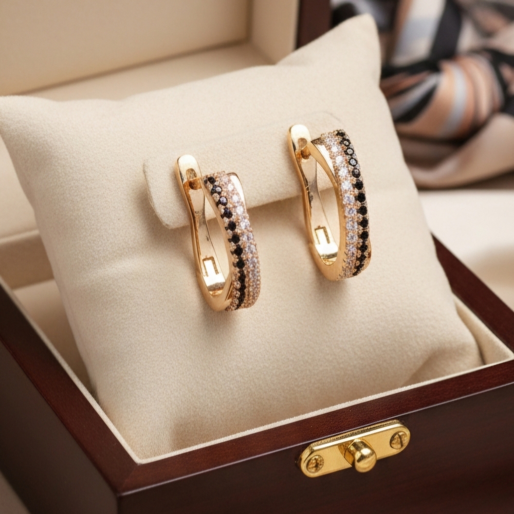 14K Gold CZ and Black Spinel Earrings